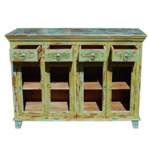 Hand Painted Pandora 4 Drawers Glass Door Sideboard With 4 Drawers and 4 Shelf