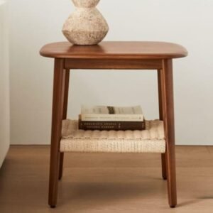 Brown Wooden Side Table with Woven Shelf